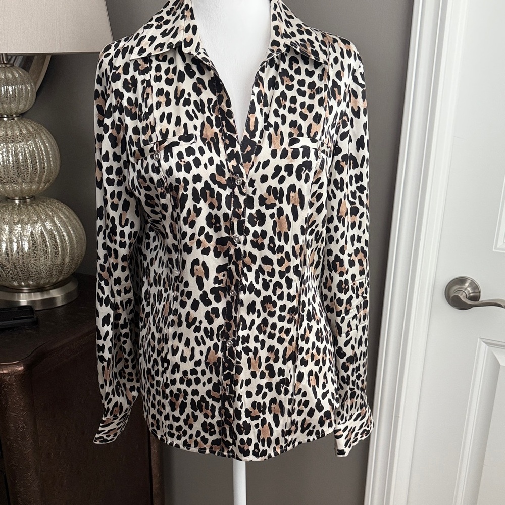 White House Black Market silk Leopard Print Button-Up Blouse